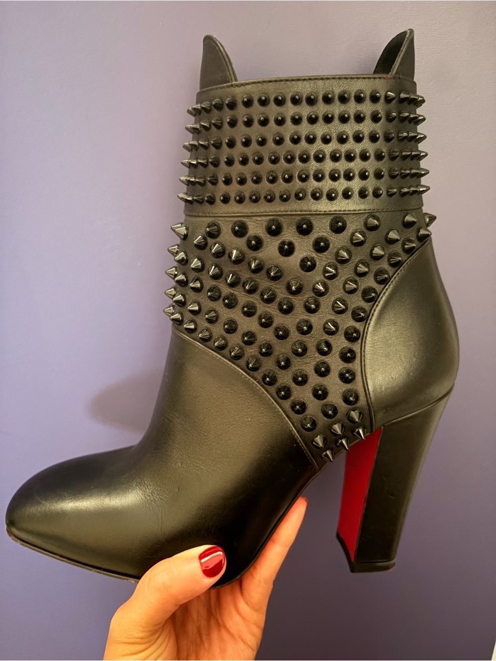 Louboutin Black Studded High Heel Ankle Boots with Red Sole